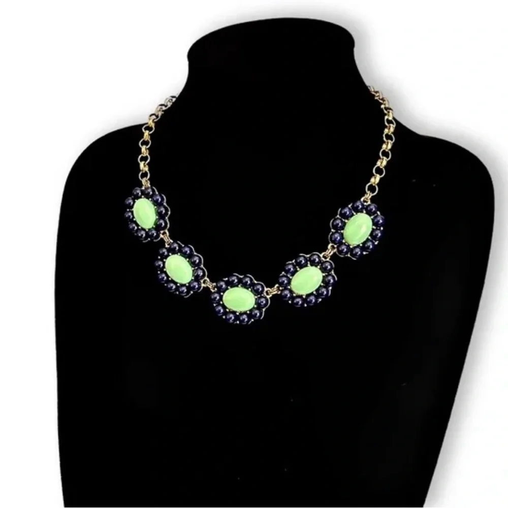 Banana Republic Navy Blue & Mint Green Floral Bib Necklace - Picture 2 of 5